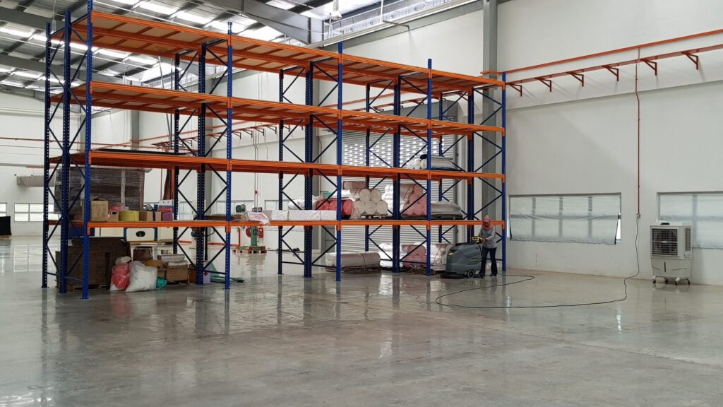 Empty warehouse shelving.