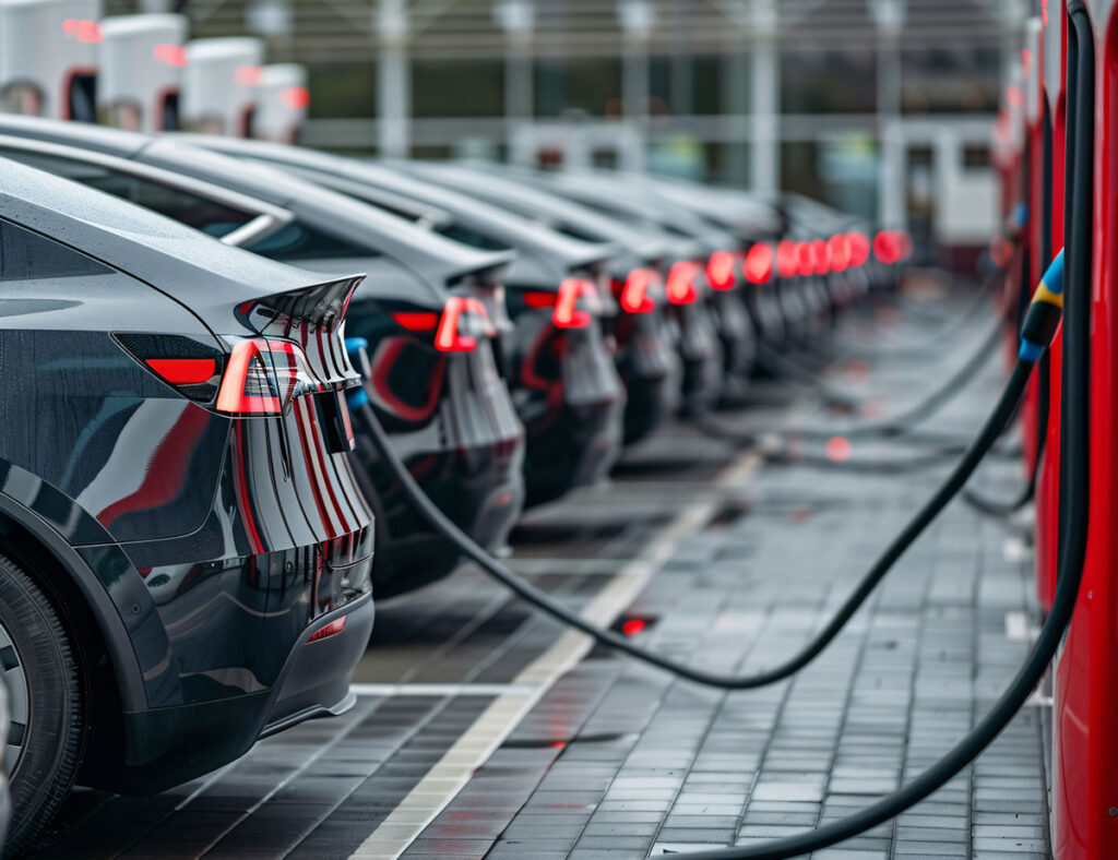 lineup of electric vehicles charging